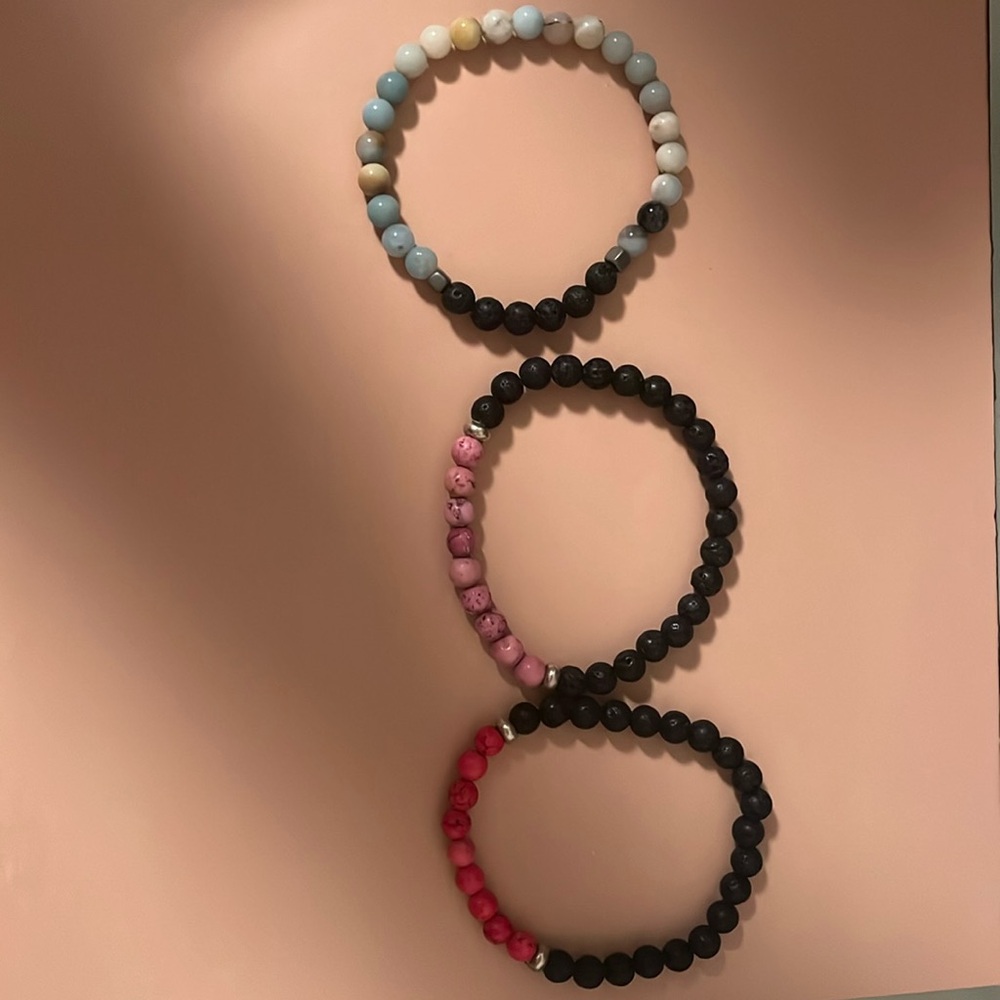 Beaded bracelet trio- stone and lava bead